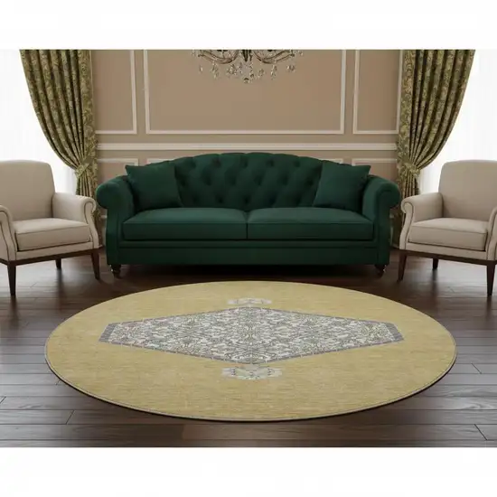 8' Gold Ivory And Gray Oriental Washable Round Rug With UV Protection Photo 2