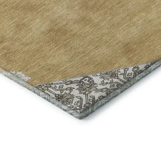 8' Gold Ivory And Gray Oriental Washable Round Rug With UV Protection Photo 6