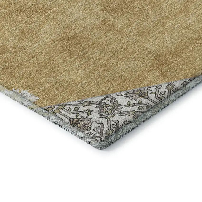 8' Gold Ivory And Gray Oriental Washable Round Rug With UV Protection Photo 6