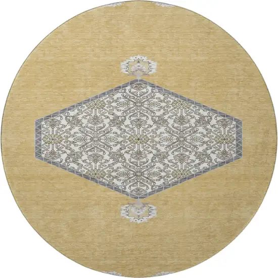 8' Gold Ivory And Gray Oriental Washable Round Rug With UV Protection Photo 3