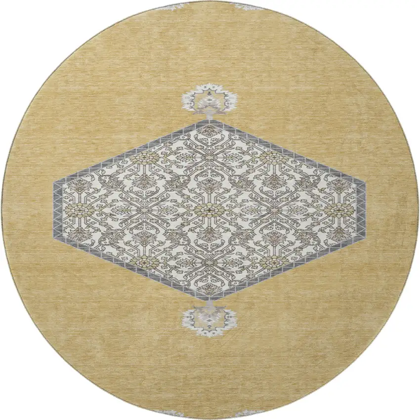 8' Gold Ivory And Gray Oriental Washable Round Rug With UV Protection Photo 3
