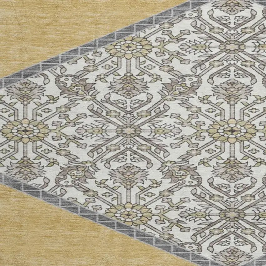 8' Gold Ivory And Gray Oriental Washable Round Rug With UV Protection Photo 2