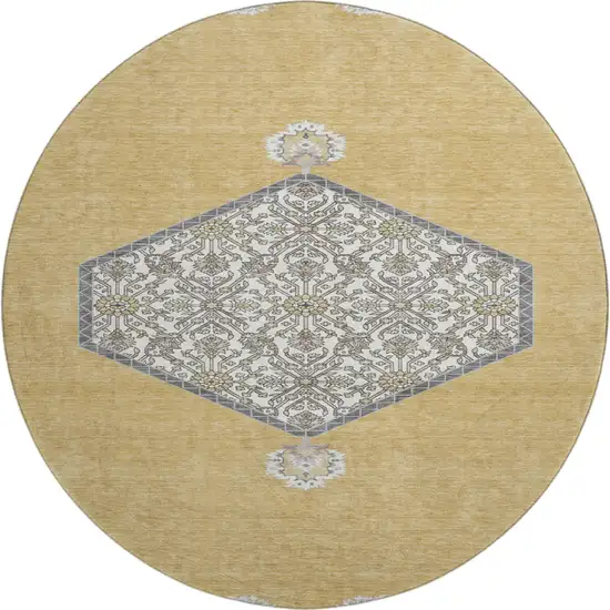 8' Gold Ivory And Gray Oriental Washable Round Rug With UV Protection Photo 1