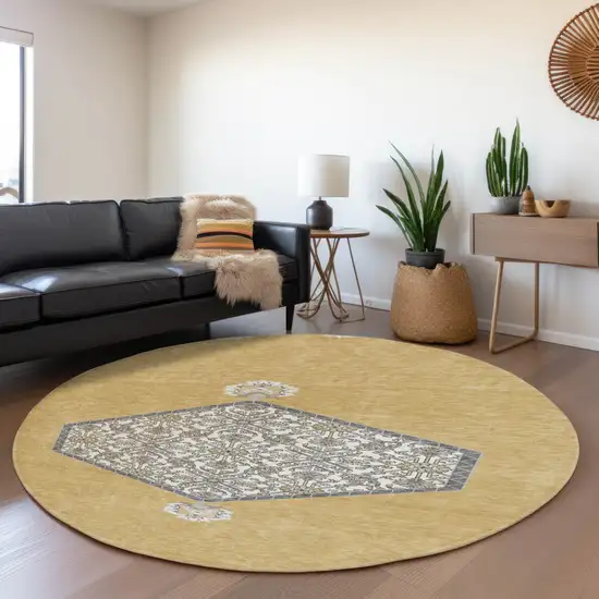 8' Gold Ivory And Gray Oriental Washable Round Rug With UV Protection Photo 4