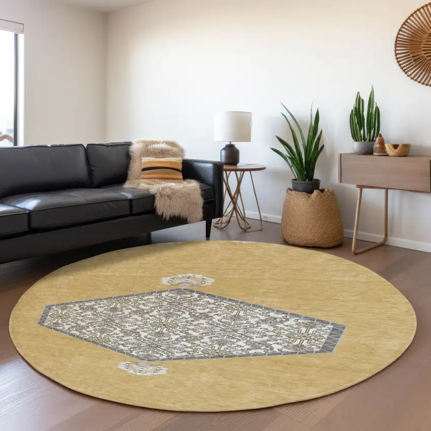 8' Gold Ivory And Gray Oriental Washable Round Rug With UV Protection Photo 4