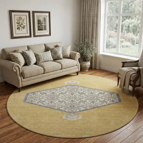 8' Gold Ivory And Gray Oriental Washable Round Rug With UV Protection Photo 1
