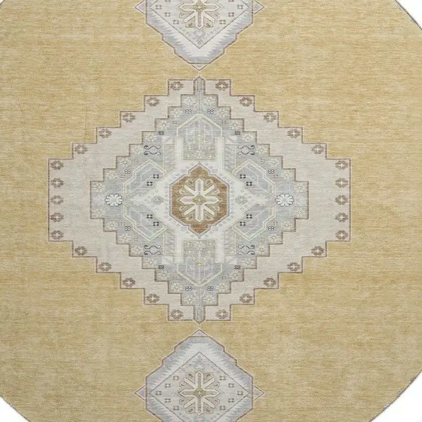 8' Gold Ivory And Gray Oriental Washable Round Rug With UV Protection Photo 2