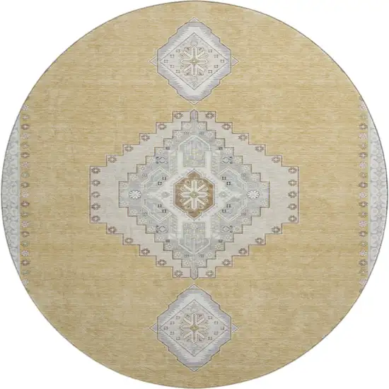 8' Gold Ivory And Gray Oriental Washable Round Rug With UV Protection Photo 1