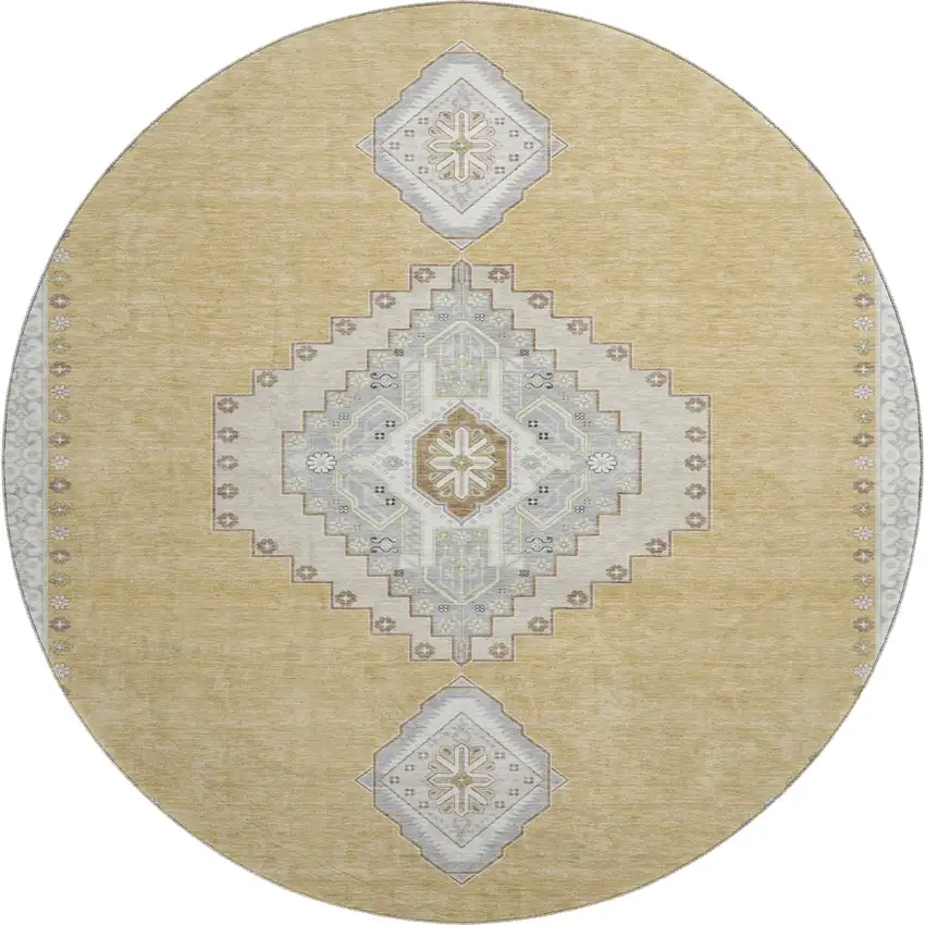 8' Gold Ivory And Gray Oriental Washable Round Rug With UV Protection Photo 1