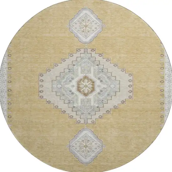 8' Gold Ivory And Gray Oriental Washable Round Rug With UV Protection Photo 3