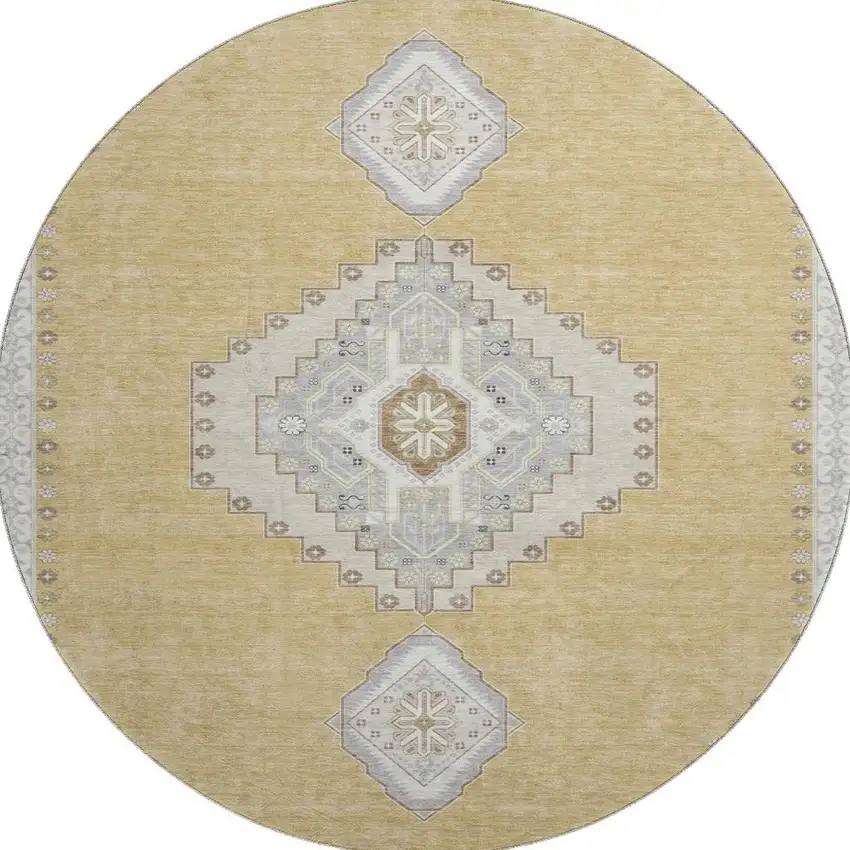 8' Gold Ivory And Gray Oriental Washable Round Rug With UV Protection Photo 3