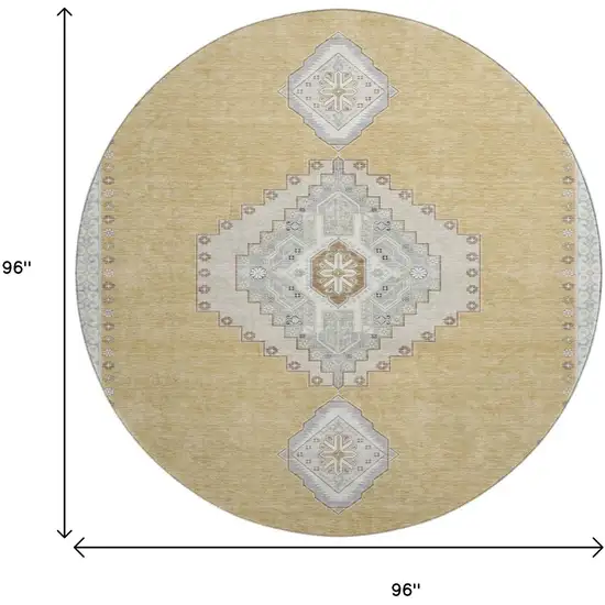 8' Gold Ivory And Gray Oriental Washable Round Rug With UV Protection Photo 9