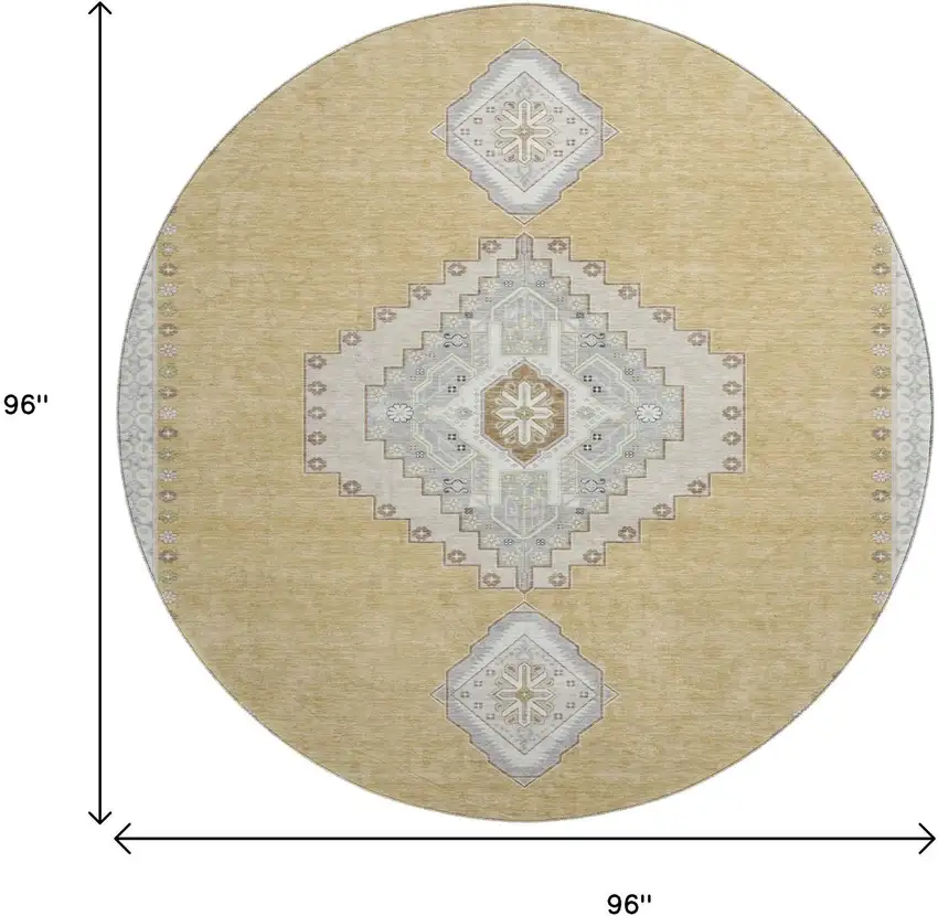 8' Gold Ivory And Gray Oriental Washable Round Rug With UV Protection Photo 9