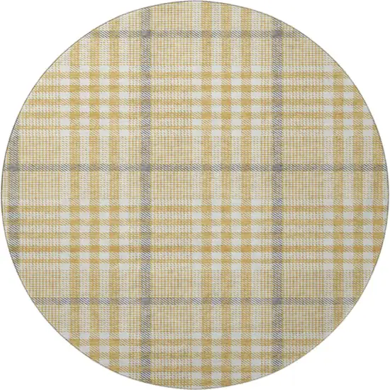 8' Gold Ivory And Gray Plaid Washable Round Rug With UV Protection Photo 2