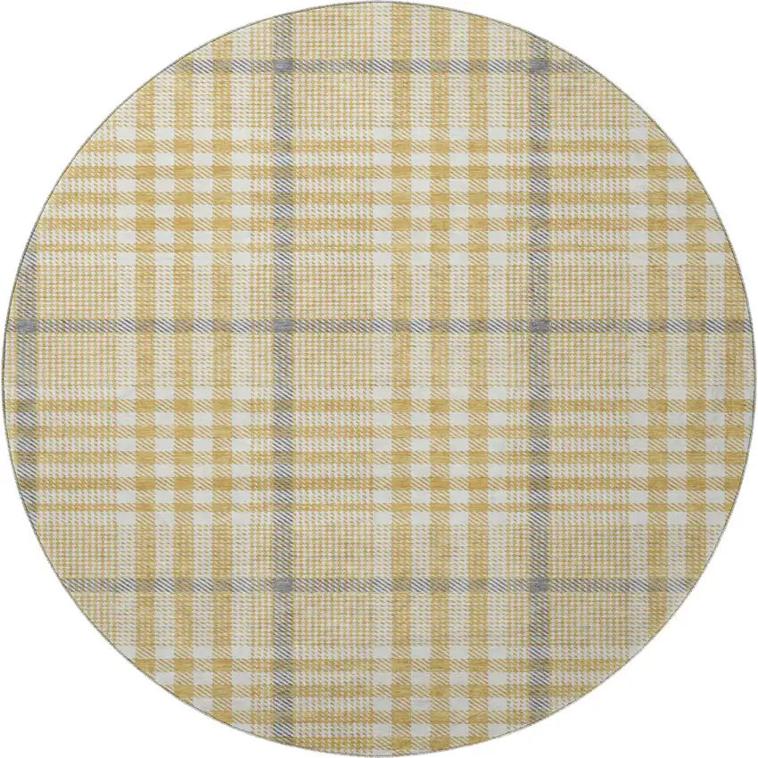 8' Gold Ivory And Gray Plaid Washable Round Rug With UV Protection Photo 2