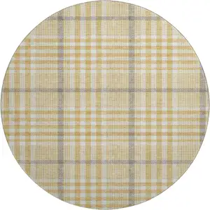 Photo of 8' Gold Ivory And Gray Plaid Washable Round Rug With UV Protection