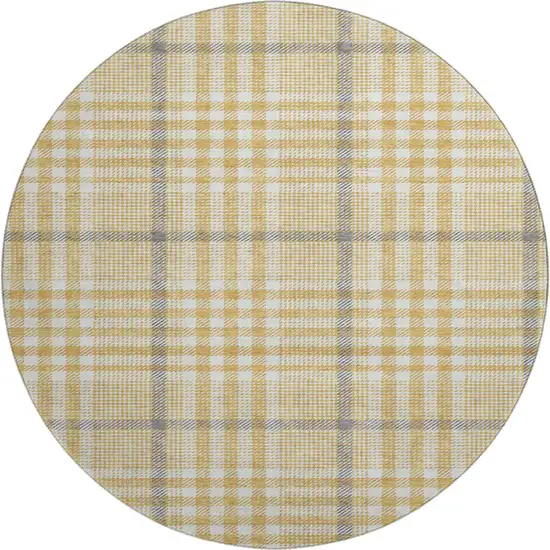 8' Gold Ivory And Gray Plaid Washable Round Rug With UV Protection Photo 1