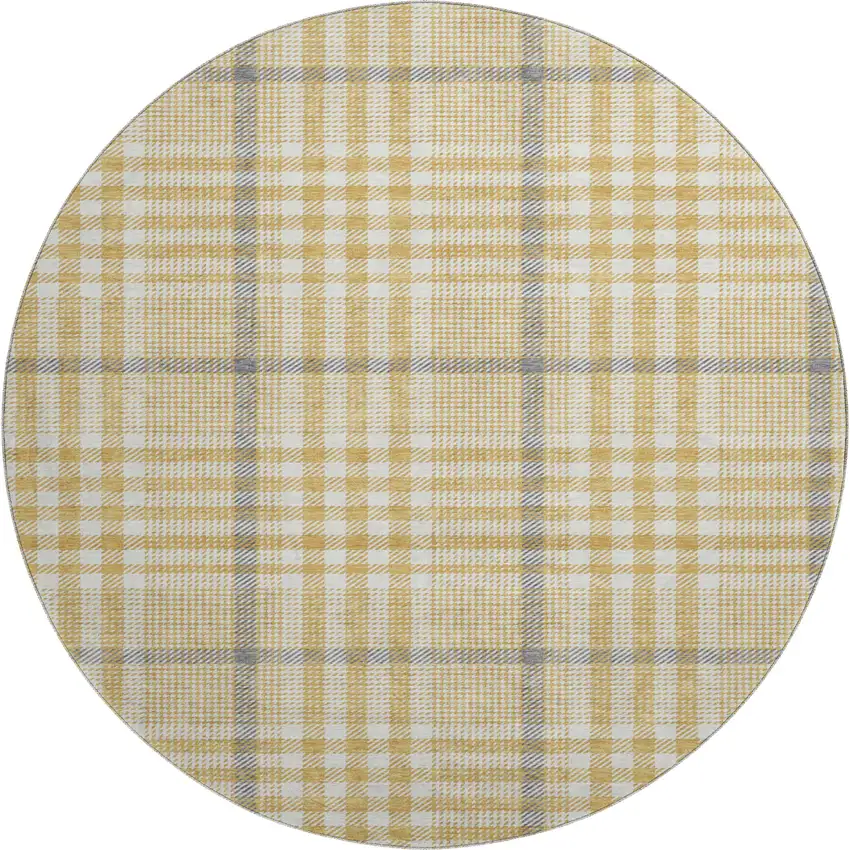 8' Gold Ivory And Gray Plaid Washable Round Rug With UV Protection Photo 1