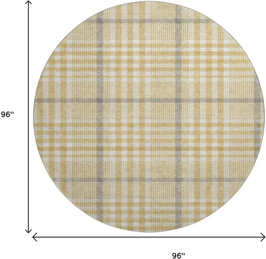 8' Gold Ivory And Gray Plaid Washable Round Rug With UV Protection Photo 8