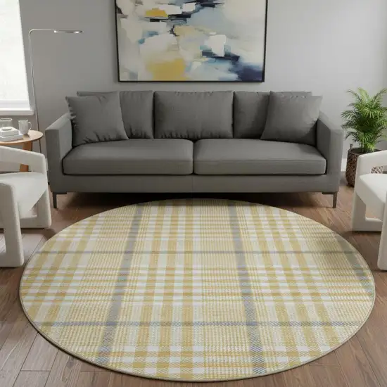 8' Gold Ivory And Gray Plaid Washable Round Rug With UV Protection Photo 2