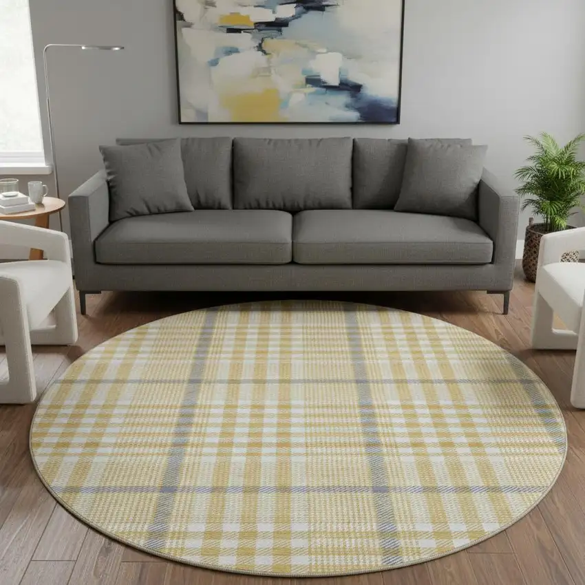 8' Gold Ivory And Gray Plaid Washable Round Rug With UV Protection Photo 2