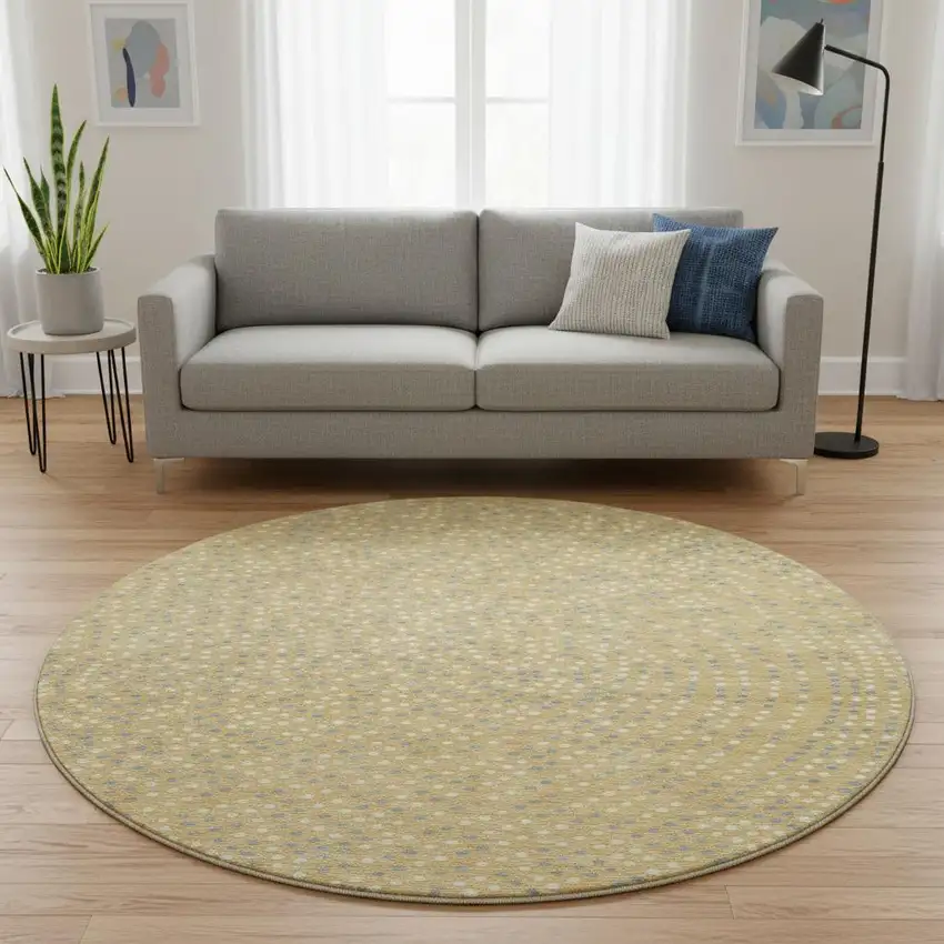 8' Gold Ivory And Gray Polka Dot Washable Round Rug With UV Protection Photo 2