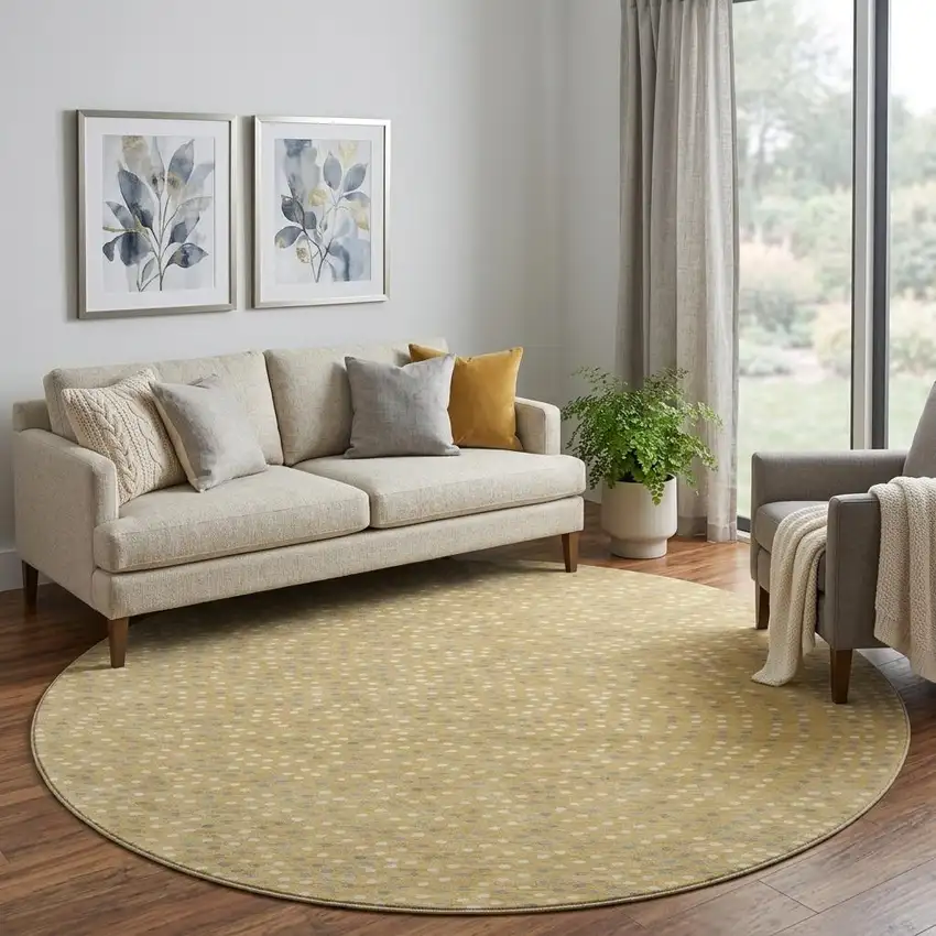 8' Gold Ivory And Gray Polka Dot Washable Round Rug With UV Protection Photo 1