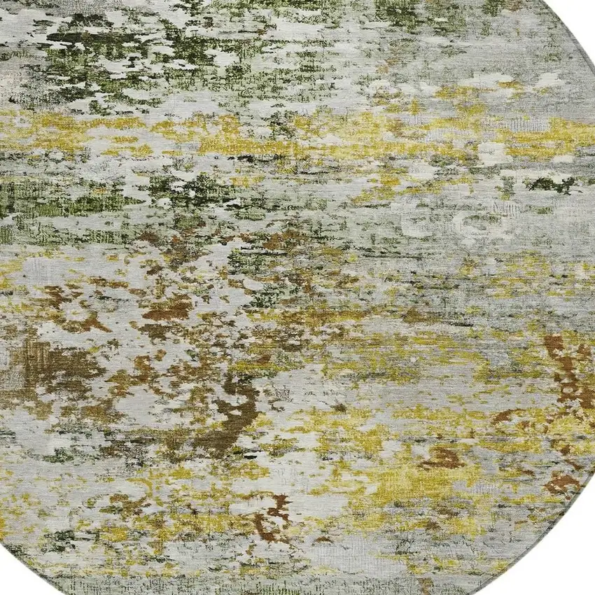 8' Gold Ivory And Gray Round Abstract Washable Indoor Outdoor Area Rug Photo 4