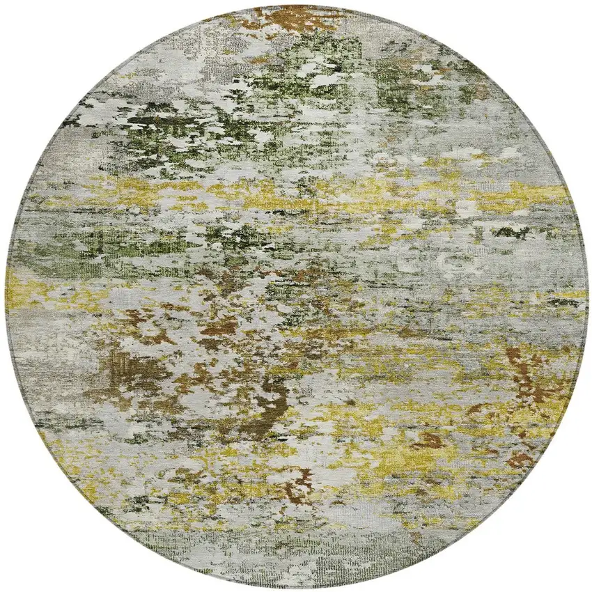 8' Gold Ivory And Gray Round Abstract Washable Indoor Outdoor Area Rug Photo 3