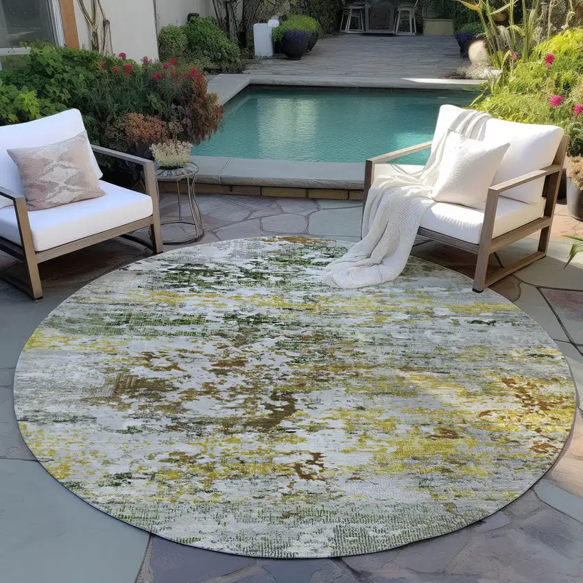 8' Gold Ivory And Gray Round Abstract Washable Indoor Outdoor Area Rug Photo 5