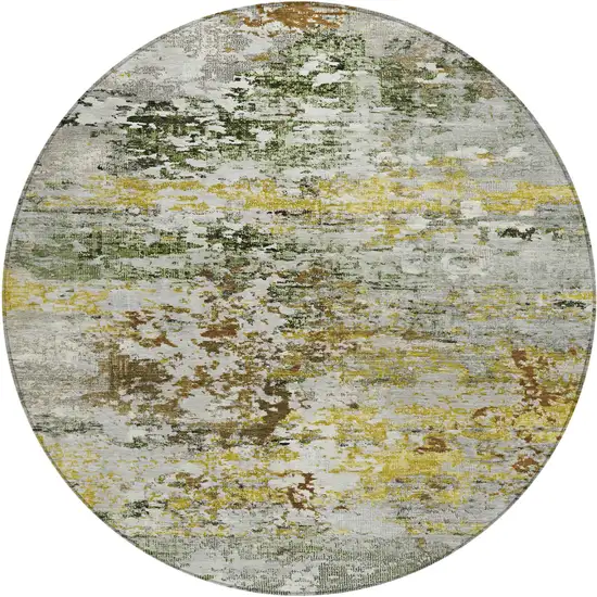 8' Gold Ivory And Gray Round Abstract Washable Indoor Outdoor Area Rug Photo 1