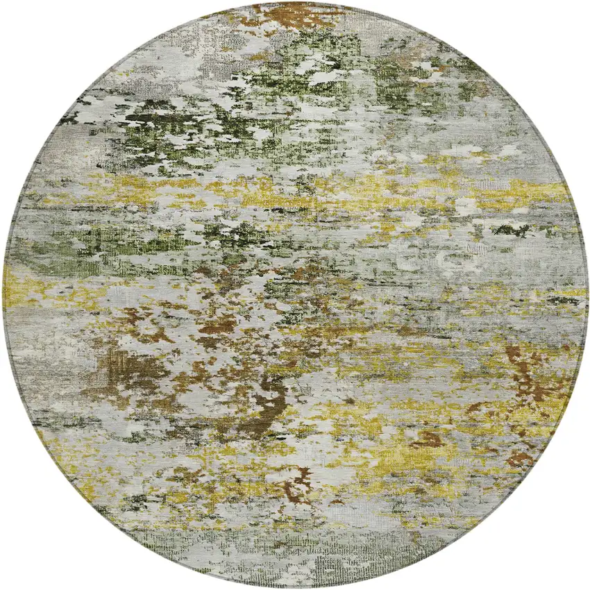 8' Gold Ivory And Gray Round Abstract Washable Indoor Outdoor Area Rug Photo 1