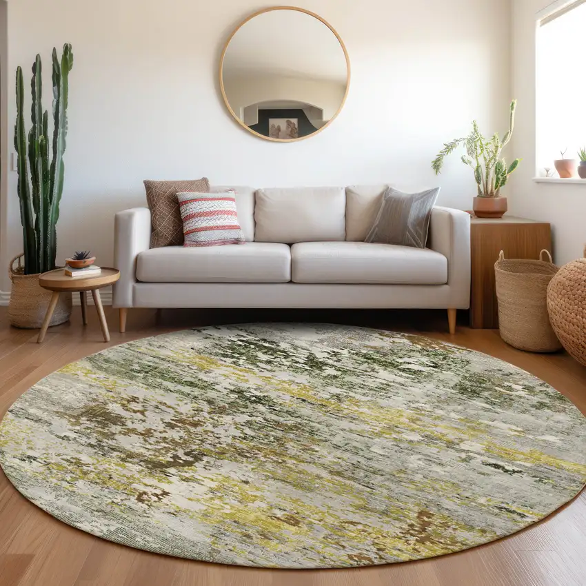 8' Gold Ivory And Gray Round Abstract Washable Indoor Outdoor Area Rug Photo 6