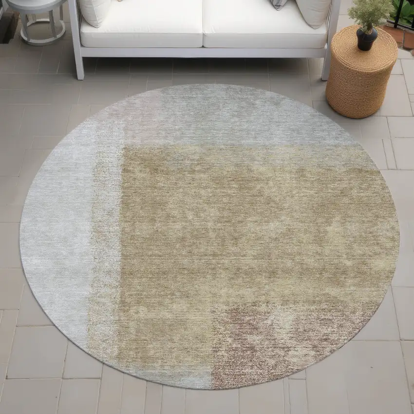 8' Gold Ivory And Gray Round Abstract Washable Indoor Outdoor Area Rug Photo 8