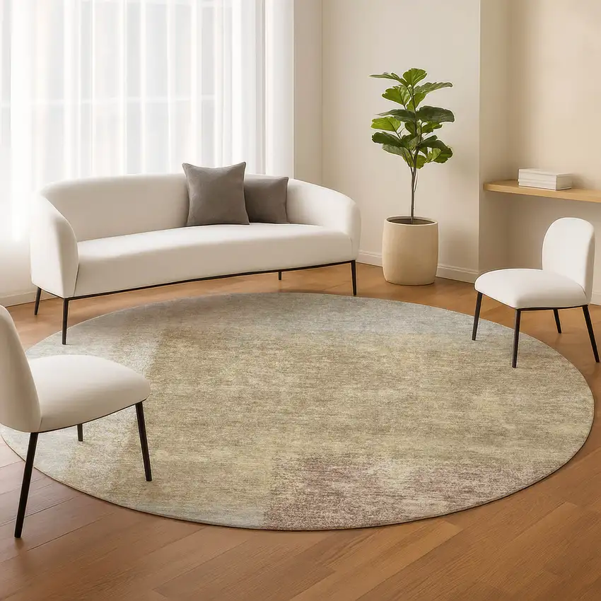 8' Gold Ivory And Gray Round Abstract Washable Indoor Outdoor Area Rug Photo 9