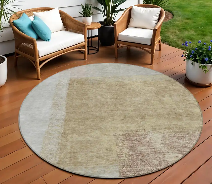 8' Gold Ivory And Gray Round Abstract Washable Indoor Outdoor Area Rug Photo 1