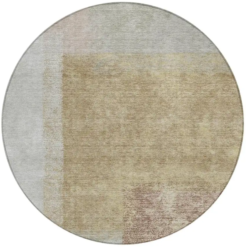 8' Gold Ivory And Gray Round Abstract Washable Indoor Outdoor Area Rug Photo 4