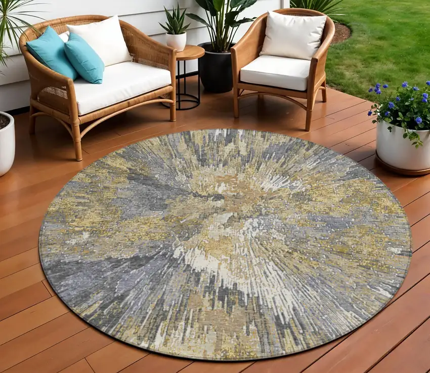 8' Gold Ivory And Gray Round Abstract Washable Indoor Outdoor Area Rug Photo 1