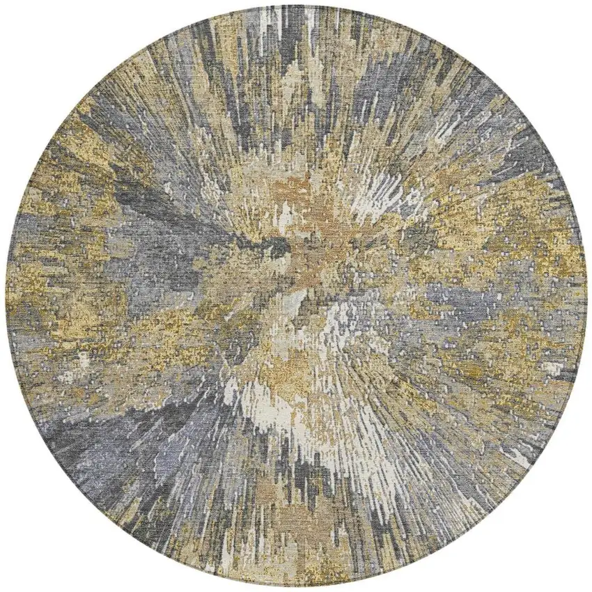 8' Gold Ivory And Gray Round Abstract Washable Indoor Outdoor Area Rug Photo 4