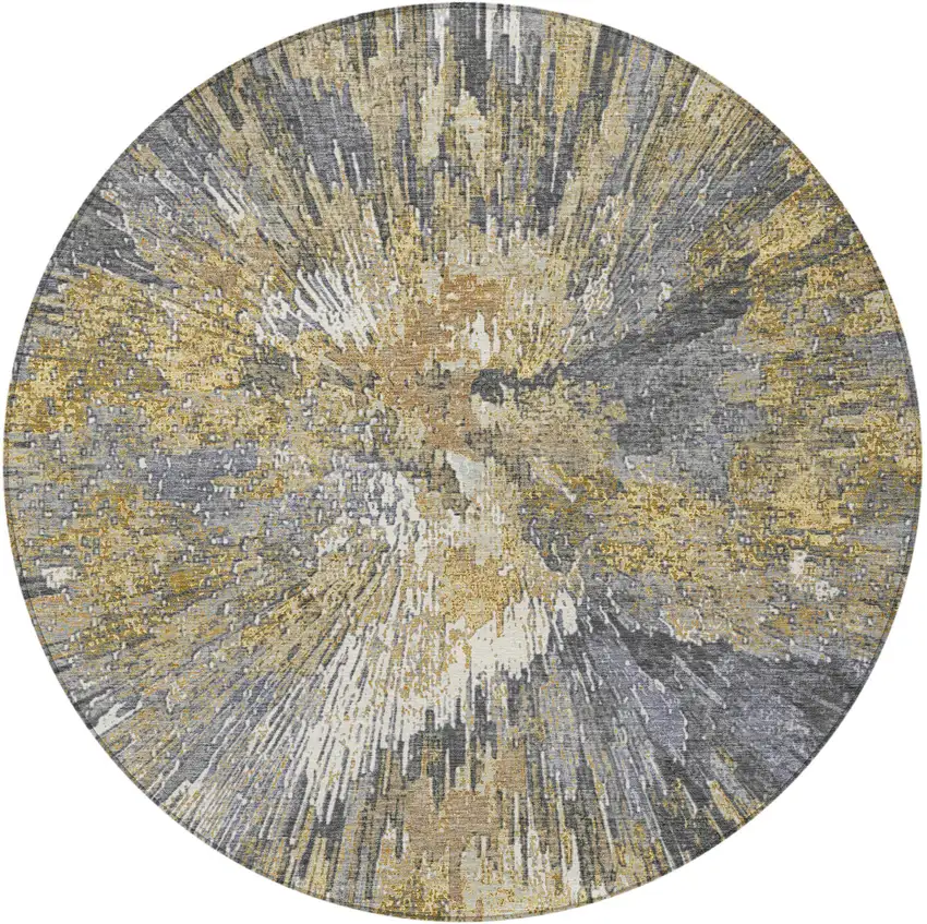8' Gold Ivory And Gray Round Abstract Washable Indoor Outdoor Area Rug Photo 5