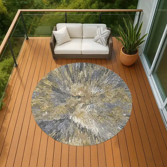 8' Gold Ivory And Gray Round Abstract Washable Indoor Outdoor Area Rug Photo 8
