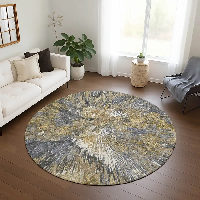 8' Gold Ivory And Gray Round Abstract Washable Indoor Outdoor Area Rug Photo 9