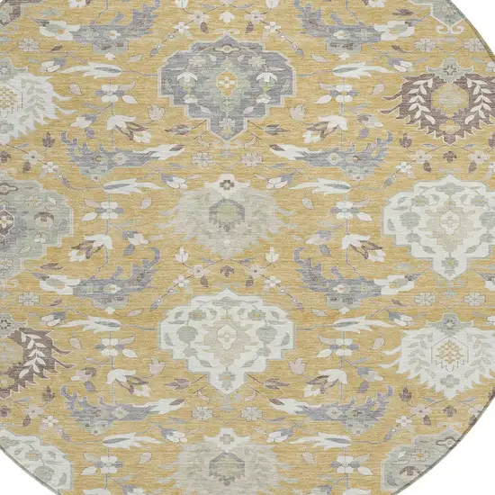8' Gold Ivory And Gray Round Damask Washable Indoor Outdoor Area Rug Photo 5