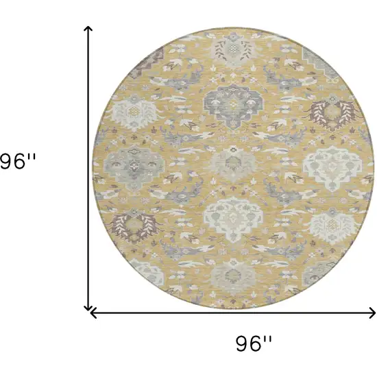 8' Gold Ivory And Gray Round Damask Washable Indoor Outdoor Area Rug Photo 3