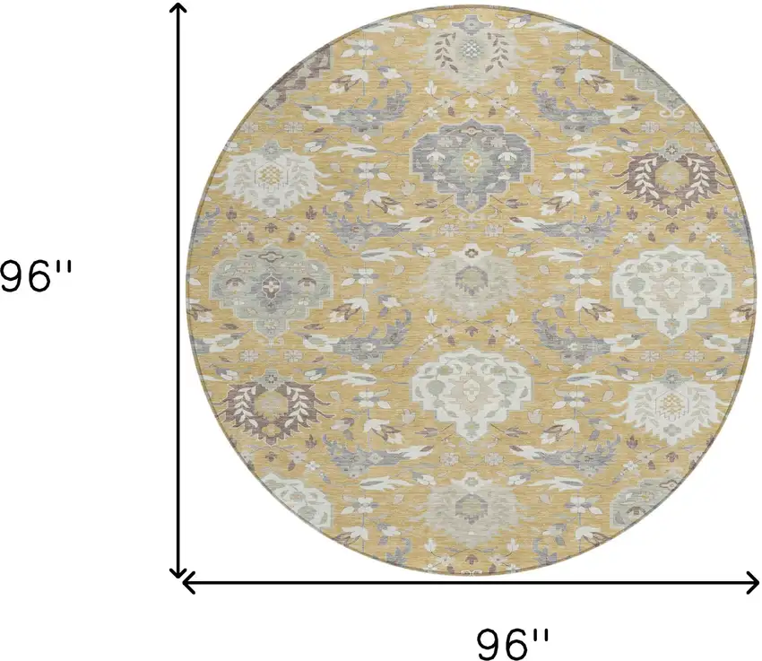 8' Gold Ivory And Gray Round Damask Washable Indoor Outdoor Area Rug Photo 3