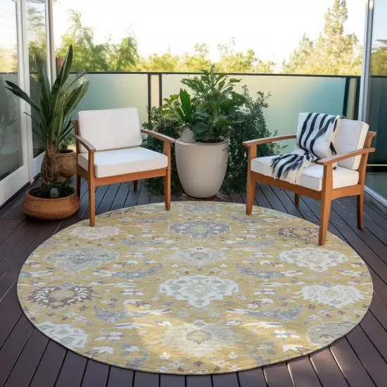 8' Gold Ivory And Gray Round Damask Washable Indoor Outdoor Area Rug Photo 7