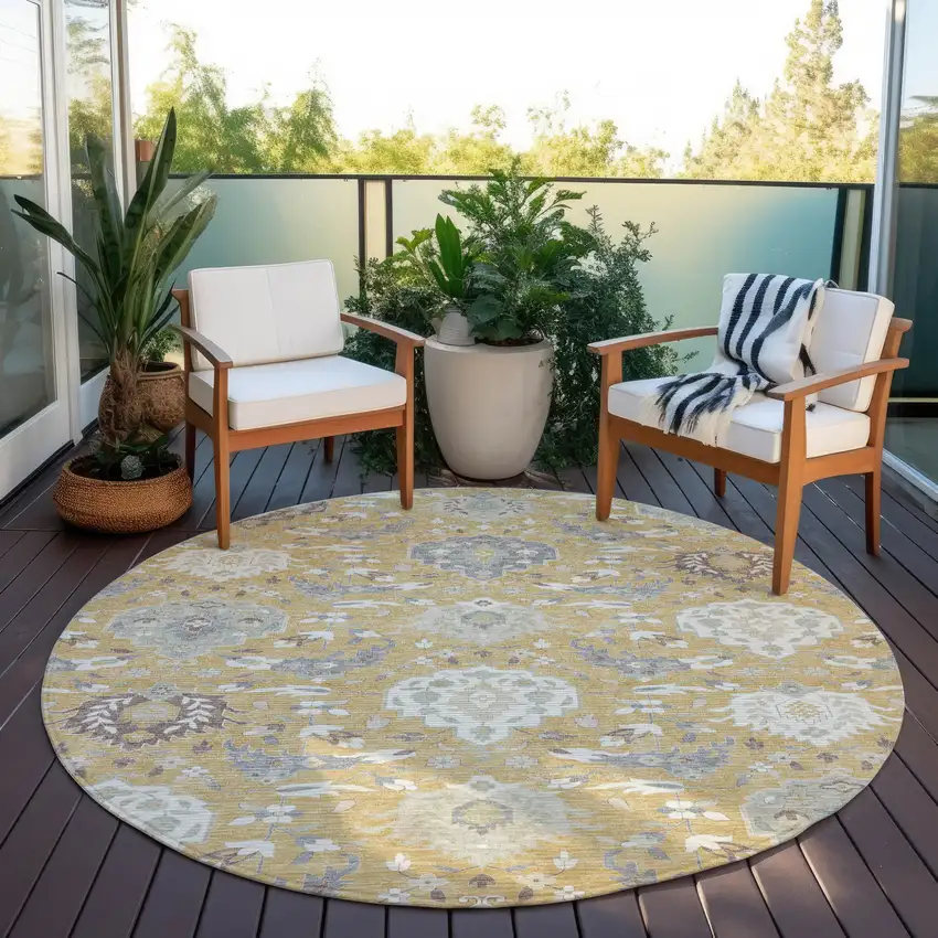 8' Gold Ivory And Gray Round Damask Washable Indoor Outdoor Area Rug Photo 7