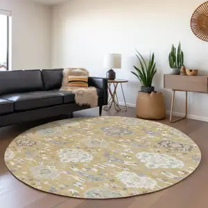 Photo of 8' Gold Ivory And Gray Round Damask Washable Indoor Outdoor Area Rug
