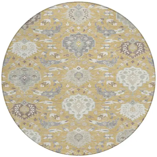 8' Gold Ivory And Gray Round Damask Washable Indoor Outdoor Area Rug Photo 6