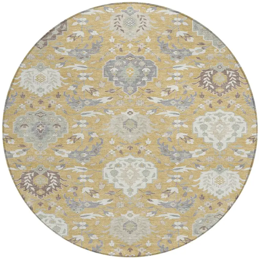 8' Gold Ivory And Gray Round Damask Washable Indoor Outdoor Area Rug Photo 6